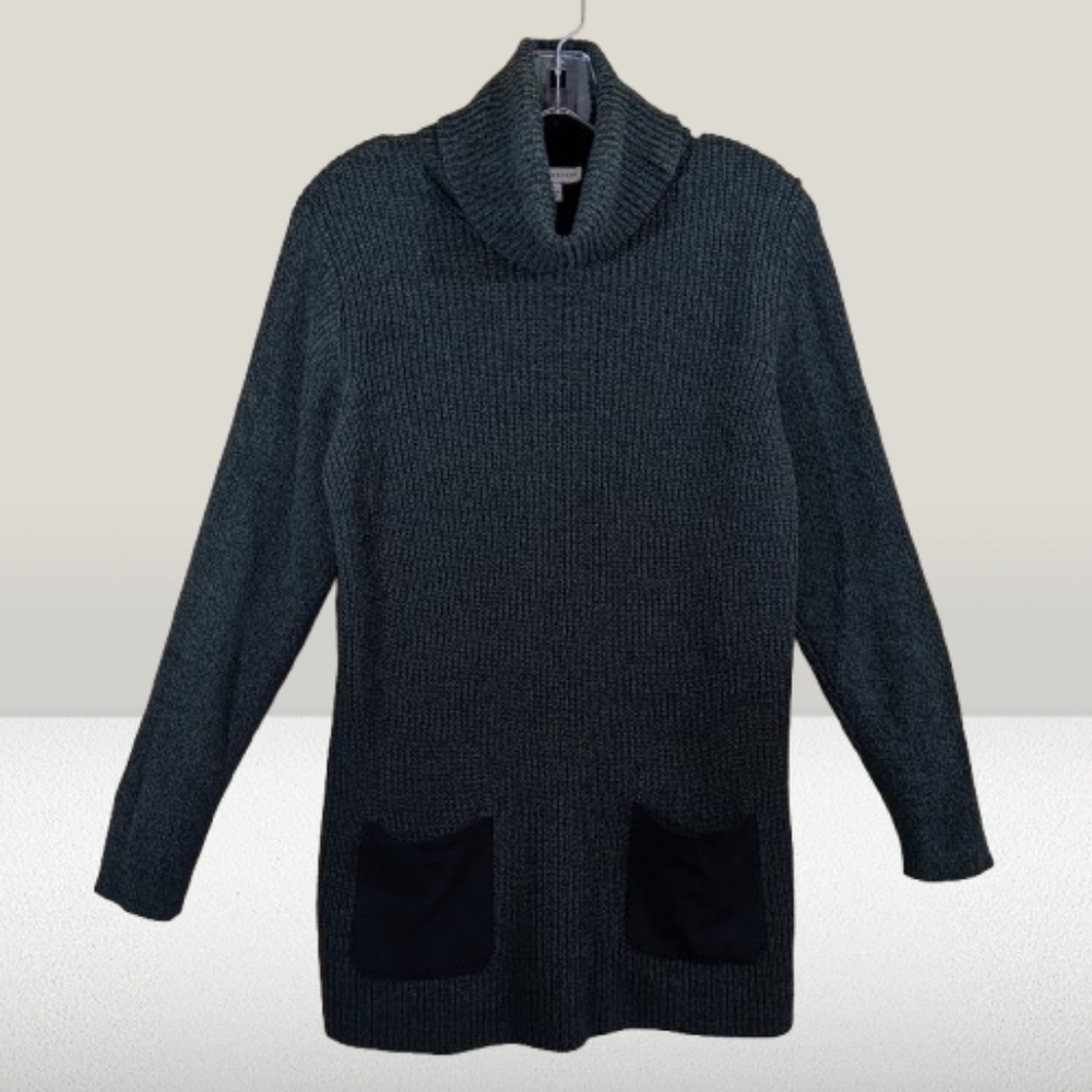 Susan Graver Sweater Tunic Forest Green Turtle Neck Ribbed Cotton Medium